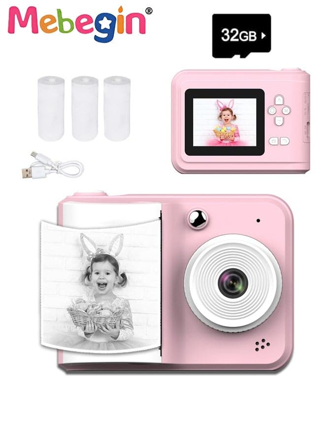 Kids Printing Camera, 1080P HD Instant Camera with 32G SD Card, 3 Volumes of Printing Paper and Lanyard, Portable Selfie Camera with Video Recording Function and Fun Games, Ideal Gift for Kids