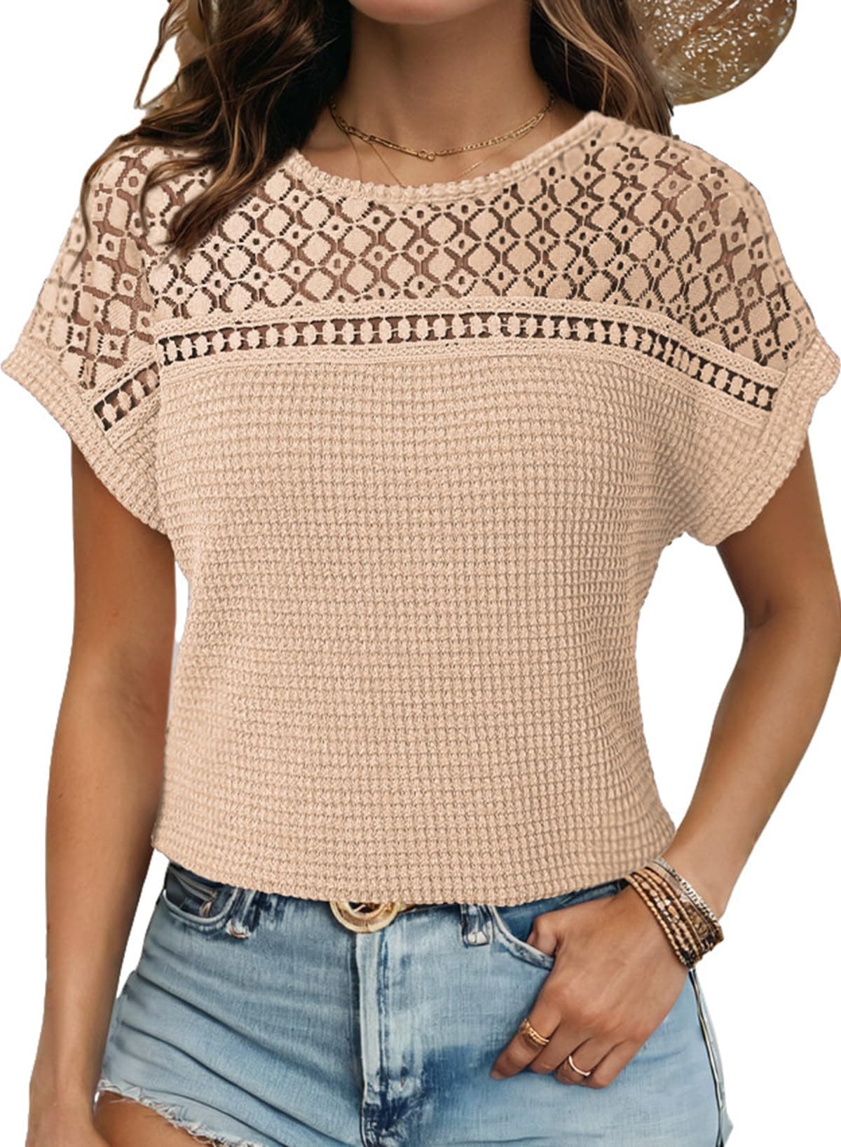 Dokotoo Womens Spring Tops for Women 2025 Trendy Dressy Casual Boat Neck Waffle Knit Short Sleeve Shirts for Women Summer Solid Color Tunic Top Tee T Shirt for Work Beige M