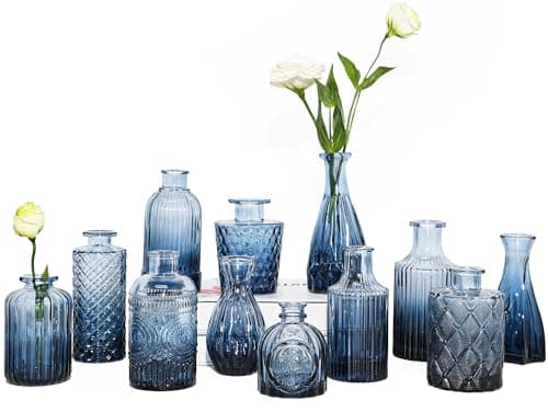 TBWIND 12Pcs Blue Glass Bud Vases Set, Small Vases for Flowers, Perfect for Centerpieces at Parties, Baby Showers, Weddings, Events, Graduation Season, Great Gifts for Office & Home Décor