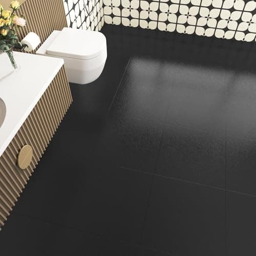 Marble Pure Black Floor Tiles Sheets Peel and Stick Vinyl Flooring for Bathroom Kitchen 5PCS Self Adhesive Flooring Panels Waterproof Basement Garage Floor Stickers Non-Slip Stick on Tiles 12''x12''