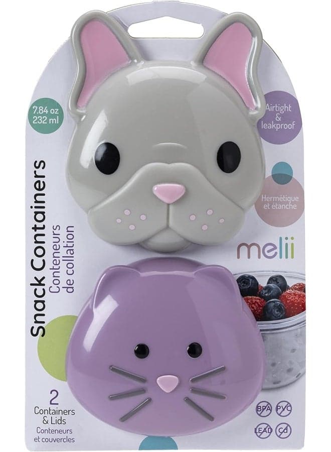 Bulldog & Cat Snack Containers for Kids - Adorable Airtight, Leakproof Kids Food Storage Set for On-the-Go Joyful Snacking - BPA-Free, Easy to Clean - 232ml , Grey & Purple