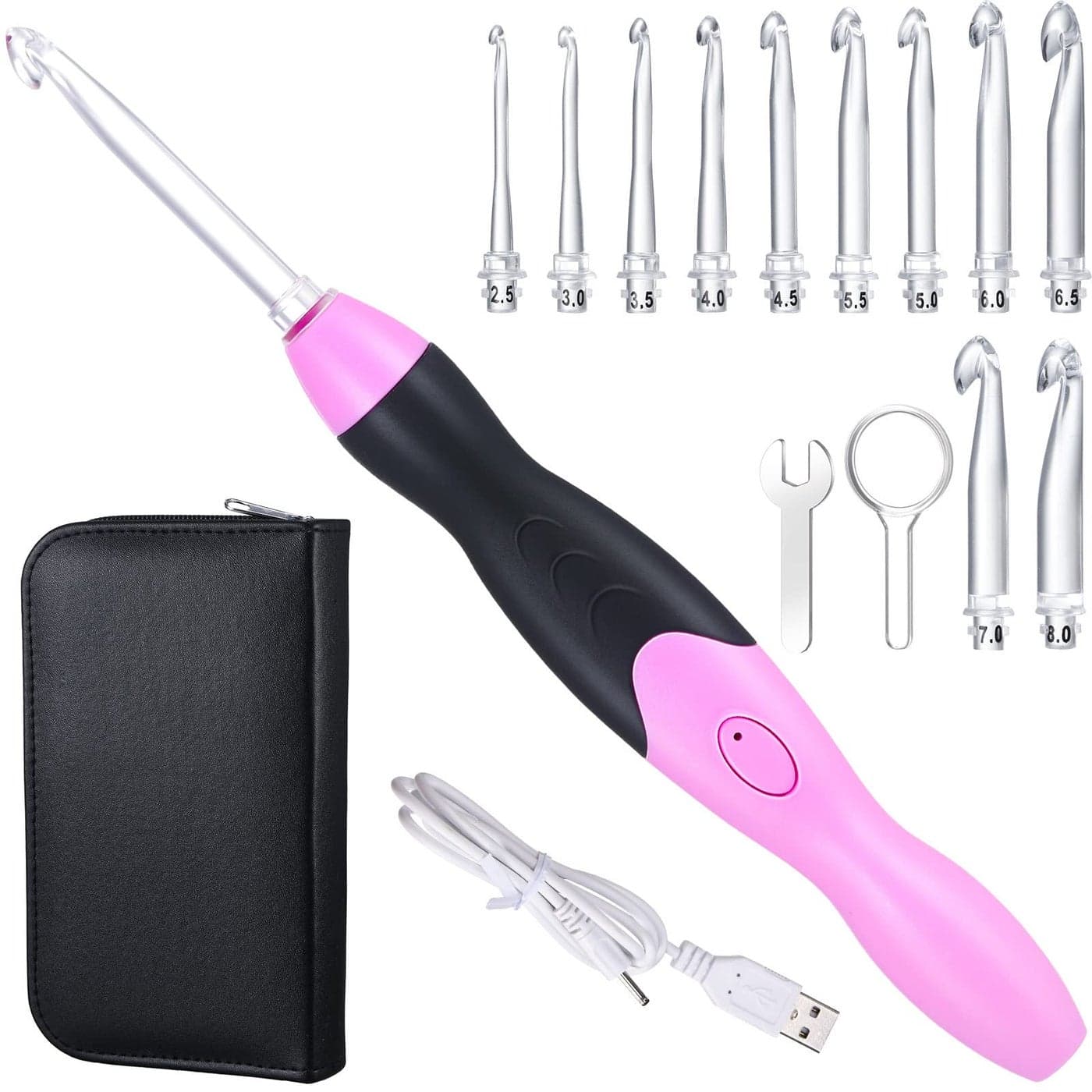 Chuangdi 11 Sizes Winter Lighted Crochet Hooks Set Rechargeable Crochet Hook Light up Hooks with Case Interchangeable Heads 25 mm to 8 mm for DIY Craft SuppliesPinkBlack