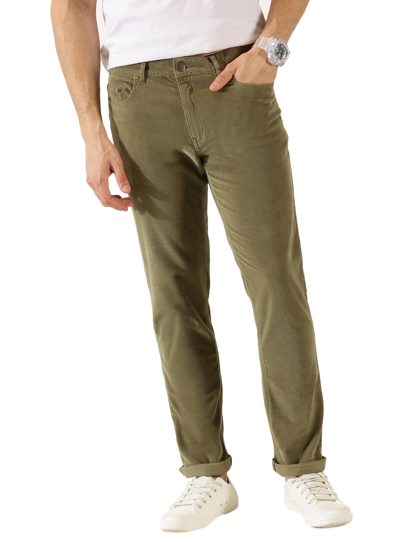 Thomas Scott Men Olive Mid Rise Slim Fit Corduroy Chino Pants (Olive, 30)
