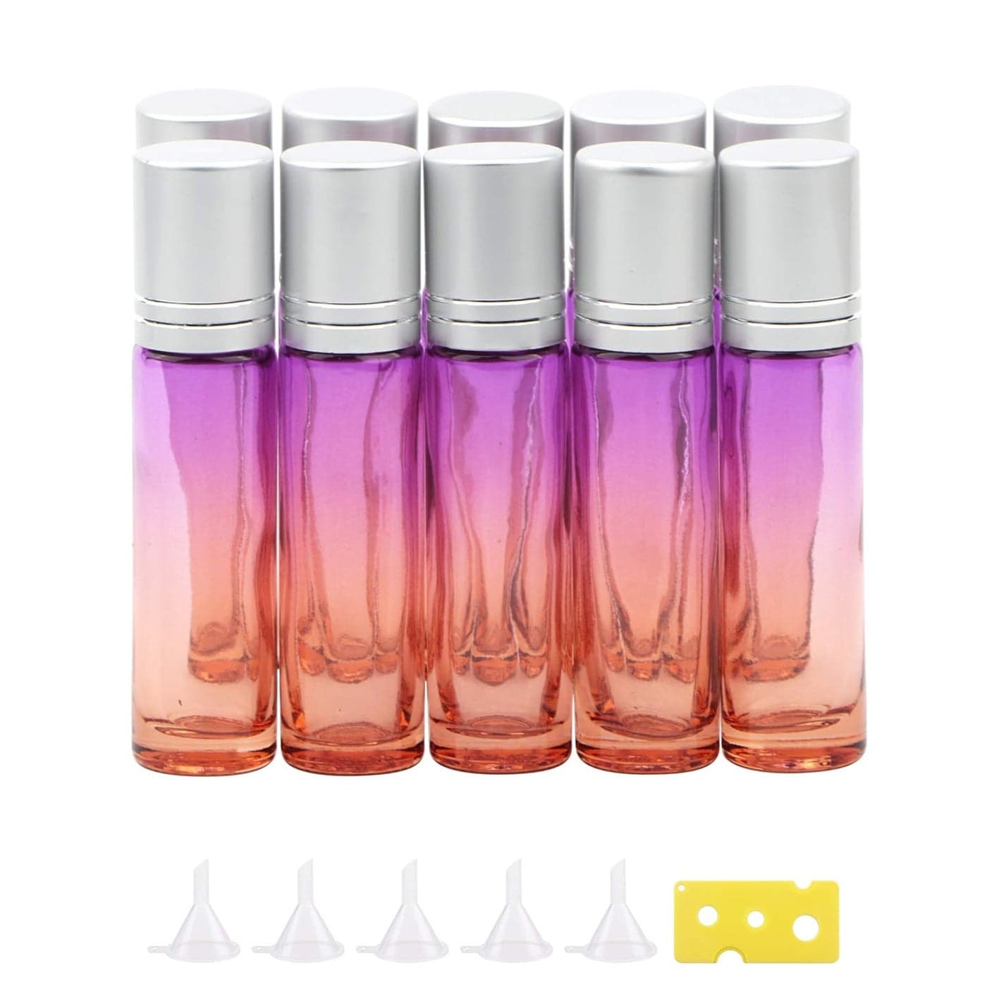 10Pcs Glass Rolling Bottles Set, 10ml (1/3oz) Purple Orange Gradient Roller Bottles with Funnels Opener, Glass Rollon Bottles Vials for Essential Oil Aromatherapy Perfume Liquid Massage