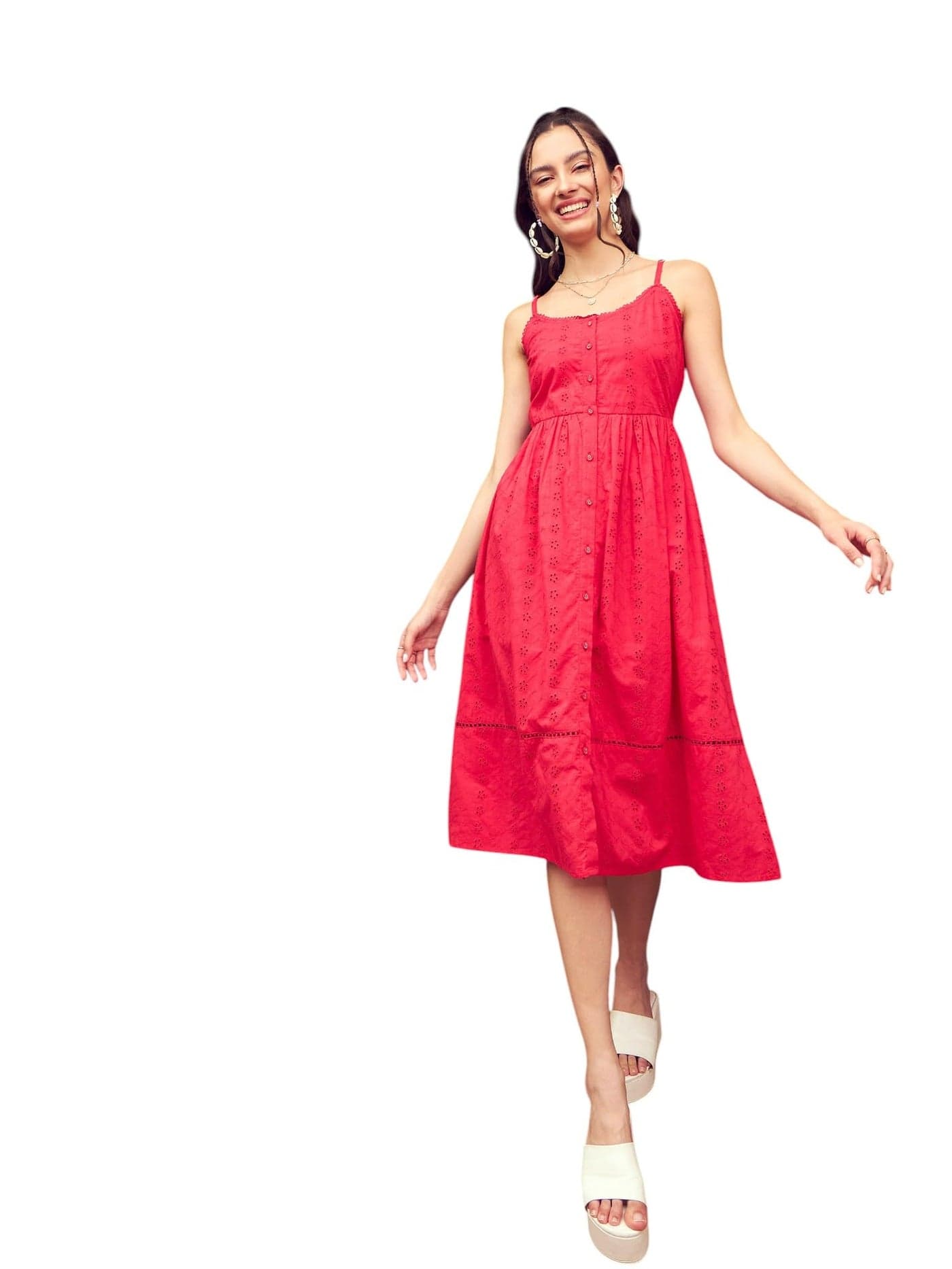 Red Schiffli Strappy Midi Dress