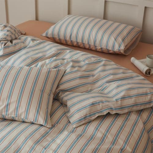 LifeTB Striped Duvet Cover Set Queen 3 Pieces Blue Brown Stripes Pattern Printed Bedding Set 100% Cotton Retro Striped Comforter Cover Comfy Soft Breathable Duvet Cover with 2 Pillowcases