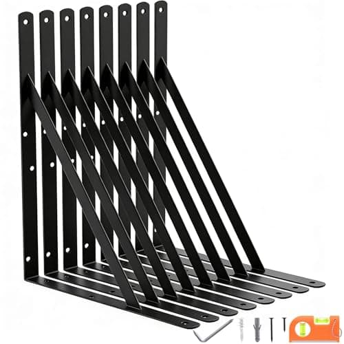 8-Pack 18 Inch Heavy Duty Shelf Brackets, Large Floating Wall Bracket for Garage Storage Shelves, Black Powder-Coated Finish, Load Capacity 800lbs