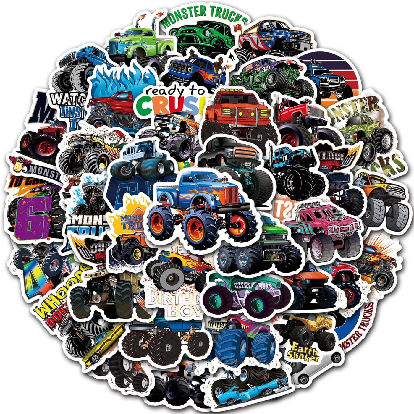 DULEFUN 50PCS Monster Truck Stickers, Truck Car Stickers for kids, Car Stickers Waterproof for Water Bottles Skateboard Car Bike Phone Case Laptop Suitcase, Monster Truck Gifts for Girls Boys Party