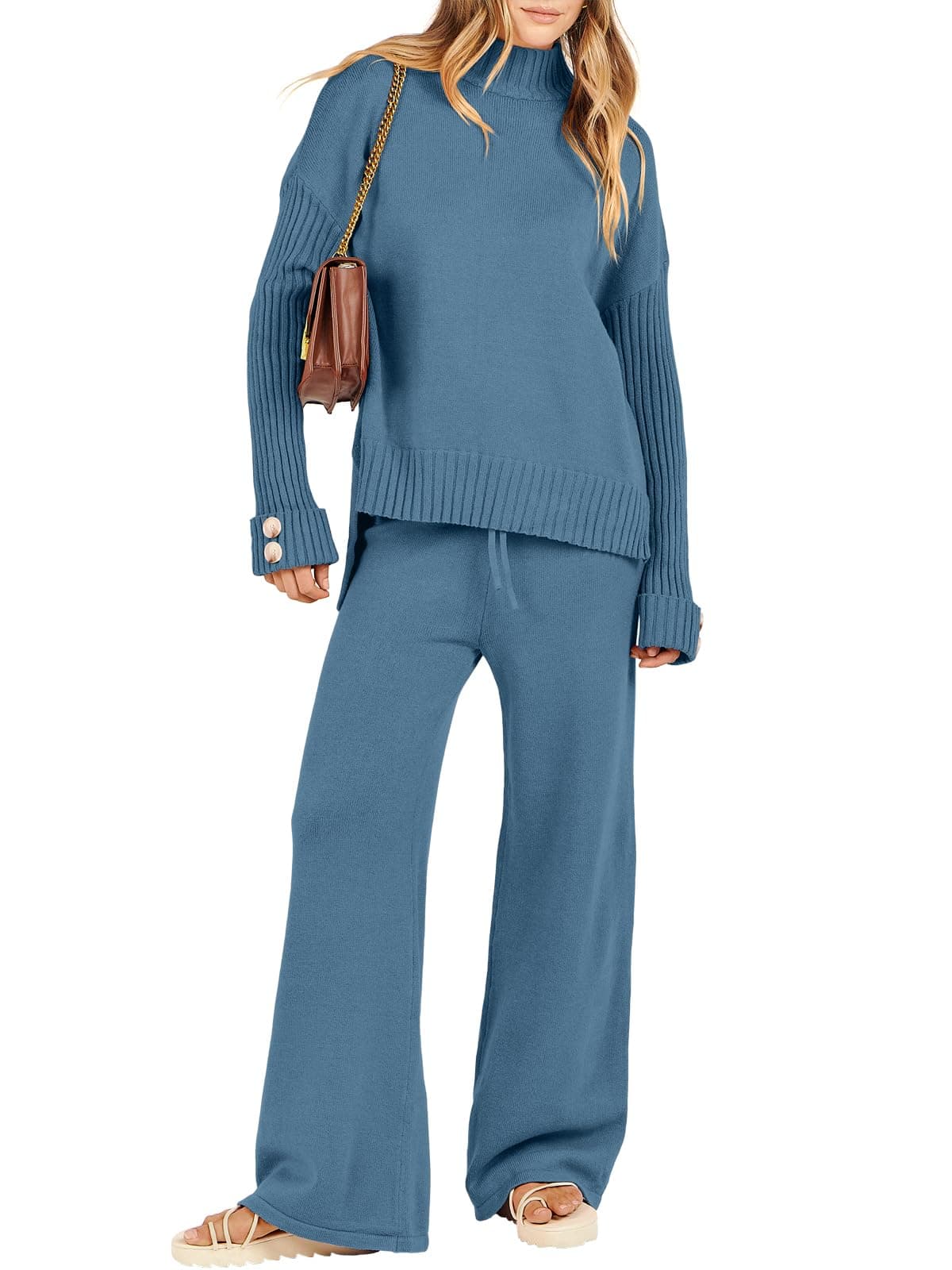 Caracilia Womens 2 Piece Sweater Set Knit Pullover Wide Leg Pants Lounge Matching Sets 2024 Fall Fashion Travel Outfits Blue Large