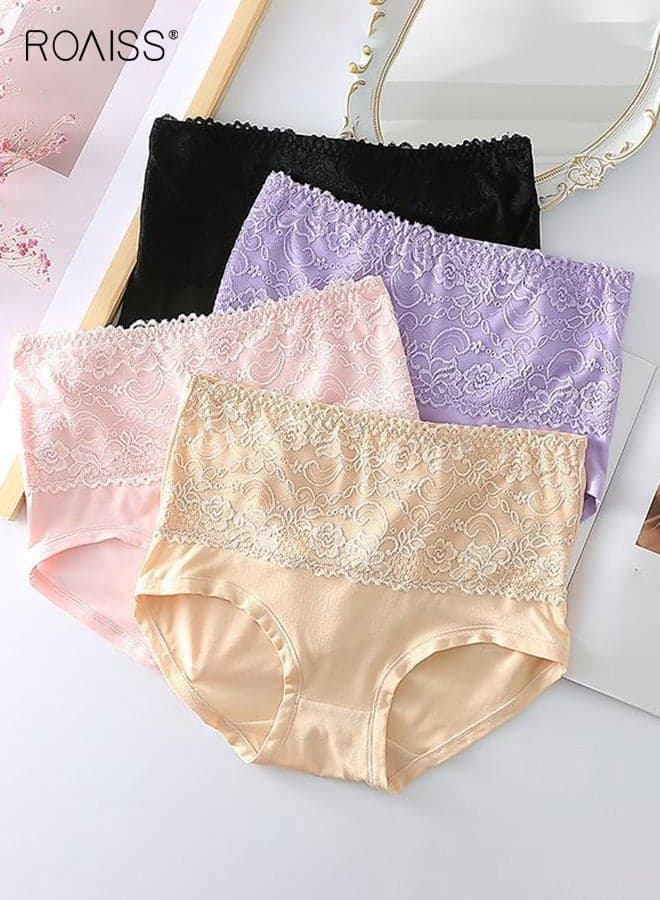 Women's 4 Pack Multicolor High Waist Knickers Women Underwear Lace Waist Design Tummy Control Ladies Briefs, Soft Full Coverage Panties, Soft Stretch Ladies Breathable Panties