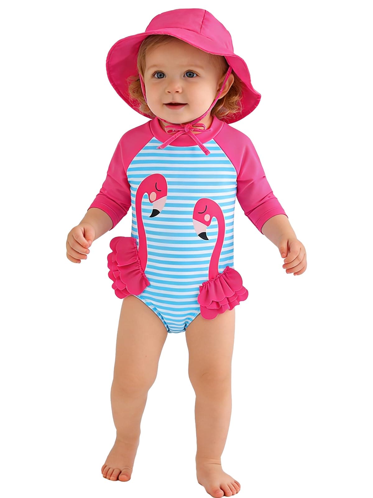 WOLBAY Baby Girl Swimsuit Long Sleeve One Piece Rash Guard with Sun Hat Zipper Bathing Suit Size 0-2T (US, Age, 6 Months, 12 Months, Flamingo)