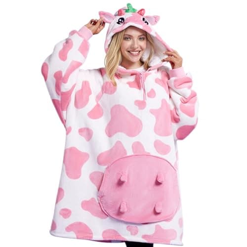 Giggling Getup Wearable Blanket Hoodie for Women and Men Sherpa Fleece Hooded Blanket Sweatshirt Warm Cozy Sherpa Wearable Throw Oversized Hoodie with Giant Pocket & Sleeves for Adult Strawberry Cow