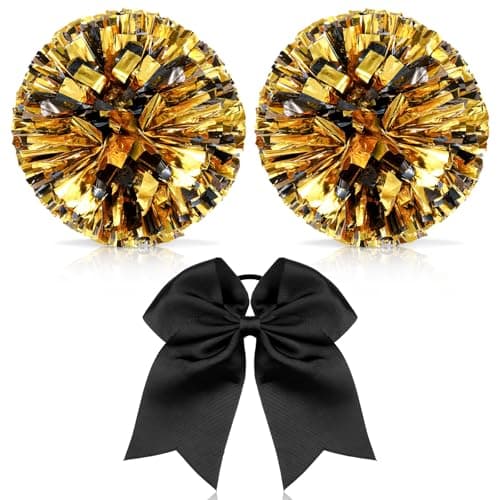 Hanaive 3 Pcs Cheerleading Pom Poms and Large Cheerleader Hair Bow Metallic Cheer Supplies for Team Spirit Sports Dance Cheering(Blue Silver Pom,Classic Style)