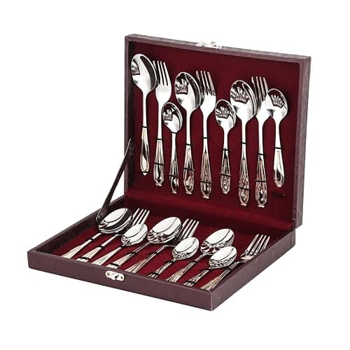 FnS Classic Stainless Steel 24 Karat Gold Plated 18 Pcs Cutlery Set with Leatherette Box - Includes 6 Dinner Spoons, 6 Dinner Forks, 6 Tea Spoons, Elegant Gold Finish