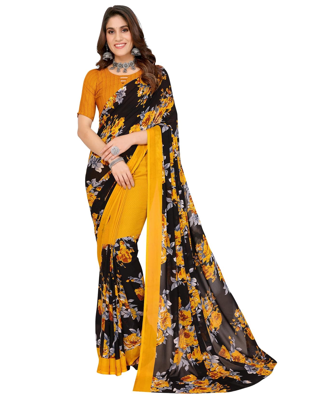 Yashika Women's latest Georgette Saree with Unstitched Blouse Material - Suitable For Party, Festival and Wedding (AZ-YS-P1-FLORAL YELLOW)