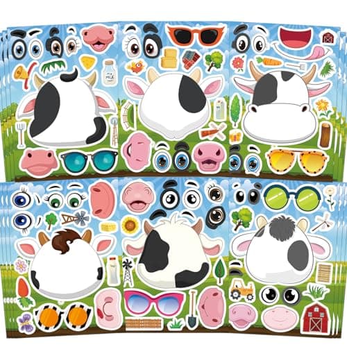 Ozepao Cow Stickers 24 Pcs MakeAFace Mix and Match Sticker Sheets for Kids Cute Cow Party Favors and Crafts