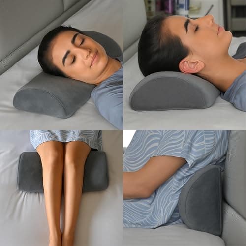 CUSHIO Semi Roll Bolster Pillow | Memory Foam Half Moon Bolster Support Cushion for Neck, Back, Knees & Legs | Ergonomic Orthopedic Pillow with Soft Velvet Cover (Light Grey)