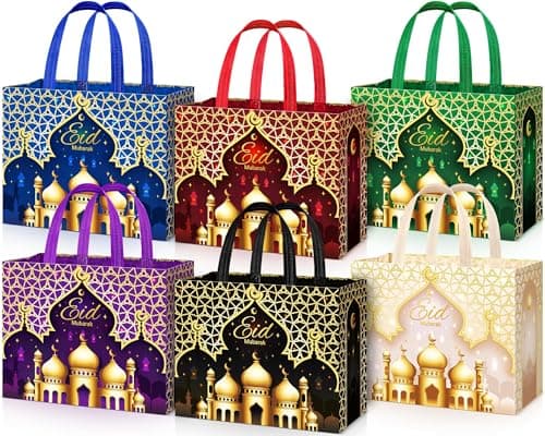 Yoojahow 6 Pcs Eid Mubarak Gift Bags with Handles 126 x 98 x 67 Inch Large Reusable Ramadan Tote Bags Eid Mubarak NonWoven Treat Goodie for Gifts Wrapping Shopping Ramadan Party Supplies