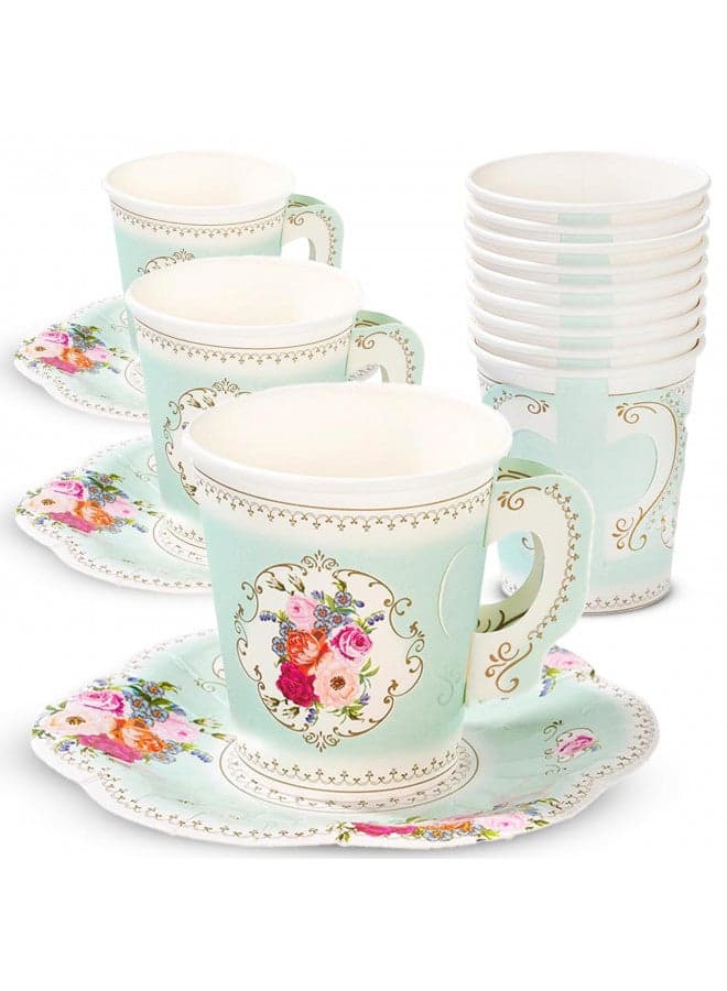 Talking Tables TS6-CUPSET Disposable Truly Scrumptious Party Vintage Floral Tea Cups and Saucer Sets, Mint Green