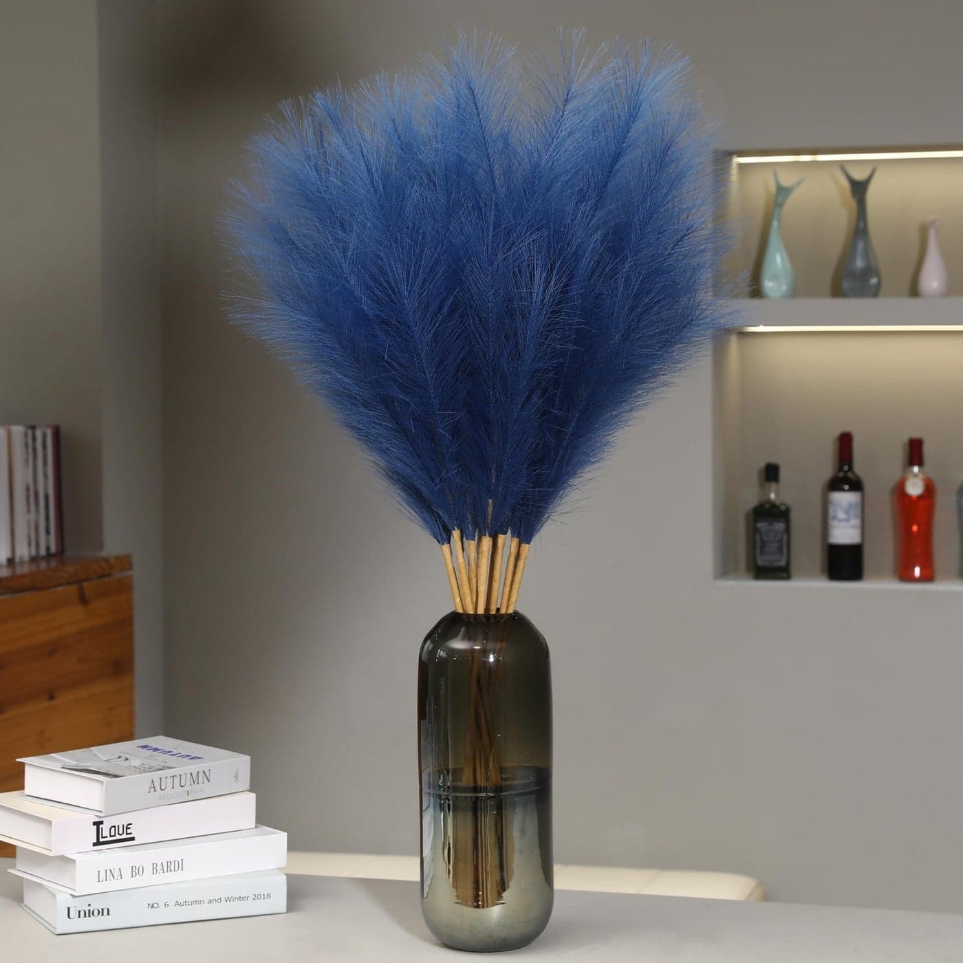 Wertuirk 9 Stems Blue Pampas Grass 38 Inch Tall Faux Pompous Grass Decor Long Artificial Pompas Floral Branches for Vase Filler Wedding Flower Arrangement and Home Decor Blue