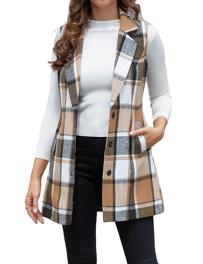 IDEALSANXUN Long Vest for Women Sleeveless Blazer Jackets Fall Fashion Outfits 2025 Wool Flannel Tartan Plaid Vest Winter Coats Brown M
