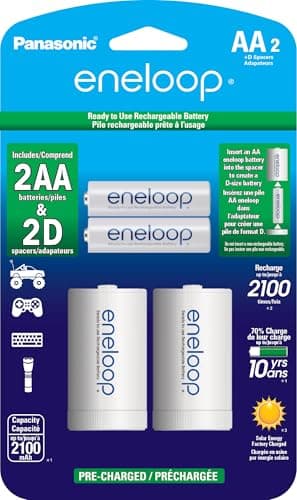 Eneloop Panasonic K-KJS1MCA2BA D Size Battery Adapters AA 2100 Cycle Ni- MH Pre-Charged Rechargeable Batteries, 2 "D Adapters with 2 Batteries