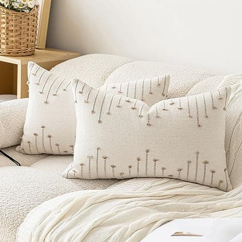 LILEPOY Boho Throw Pillow Covers 12x20 Set of 2 Neutral Decorative Textured Cushion Case Farmhouse Pillowcase Modern Lumbar Pillow Covers for Sofa,Couch, Living Room,Beige and Khaki