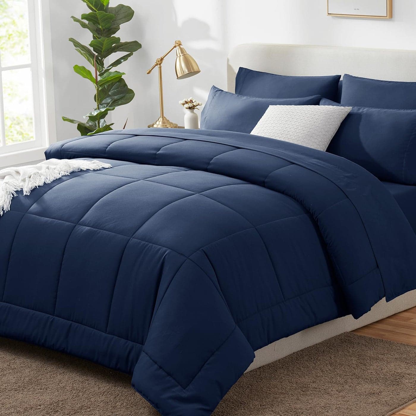 CozyLux Full Size Comforter Sets Navy Blue 7 Pieces Bed in a Bag Navy Comforter Full Size All Season Bedding Sets with Stitch Quilted Comforter Flat Sheet Fitted Sheet Pillowcases