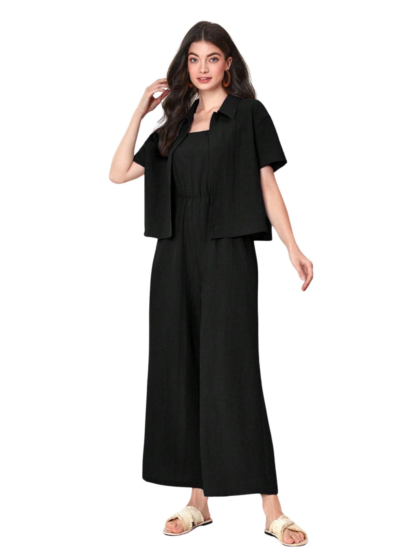 TOPLOT Women's Jumpsuit Co-ord Set | Soft Breathable Feel | Comfortable Fit with Easy Movement | Stylish One-Piece Outfit Design | Perfect for Casual & Travel (Jump-Suit-5225-Black-XS)