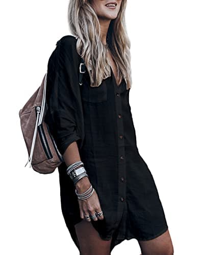 Women’s Swimsuit Cover up,Silky Button Down Shirt Midi Dress Kimono,Summer Bathing Suit Beach Coverups for Women (CP-Aline) (Black, Small)