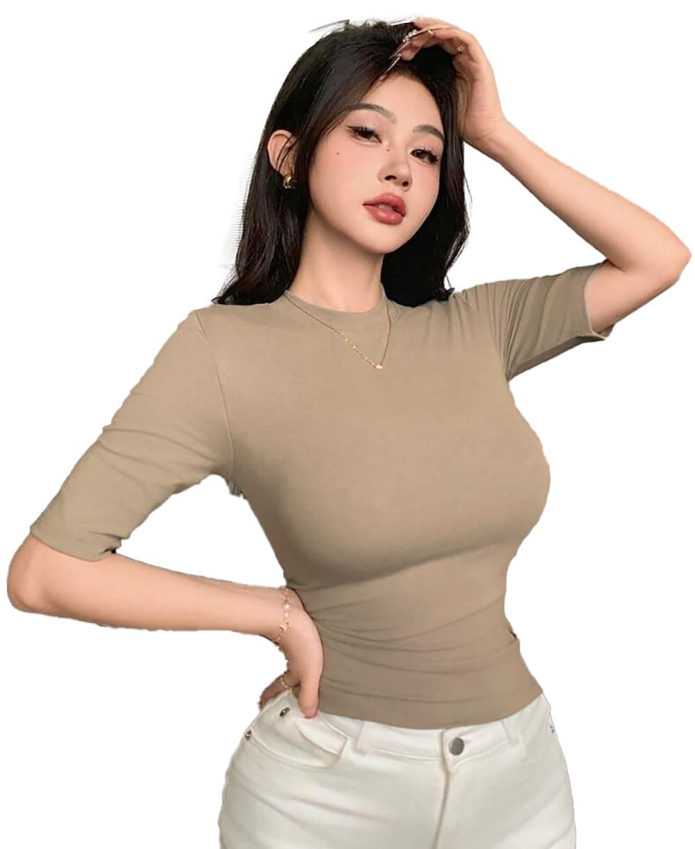 Istyle Can Slim Fit Plain Stretchable Round Neck Rib Knit Short Sleeve Regular Top for Women | T Shirt | Tee (in, Alpha, XL, Regular, Beige)