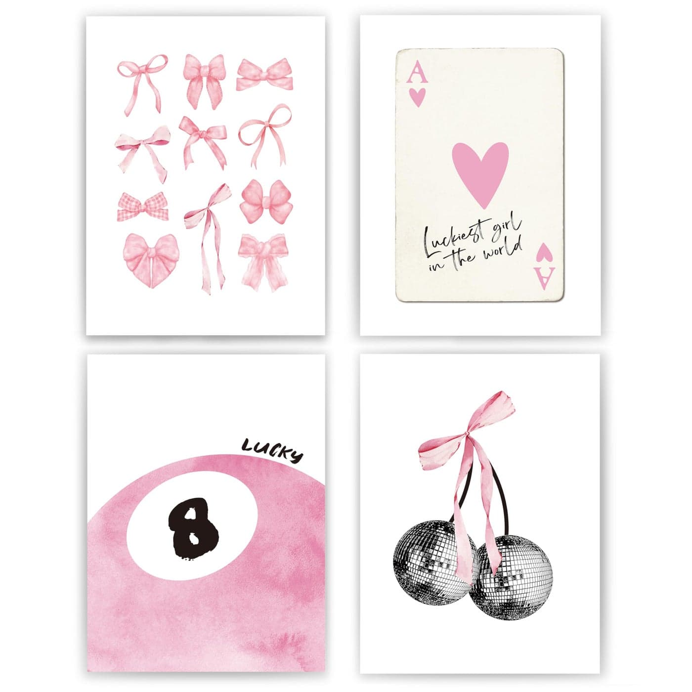 okaxscm Pink Coquette Trendy Preppy Wall Art Prints Set of 4 Coquette Room Decor Preppy Room Decor Aesthetic Pink Bow Disco 8 Ball Cherry Wall Decor Posters for Girls Bedroom Dorm 12x16 Unframed