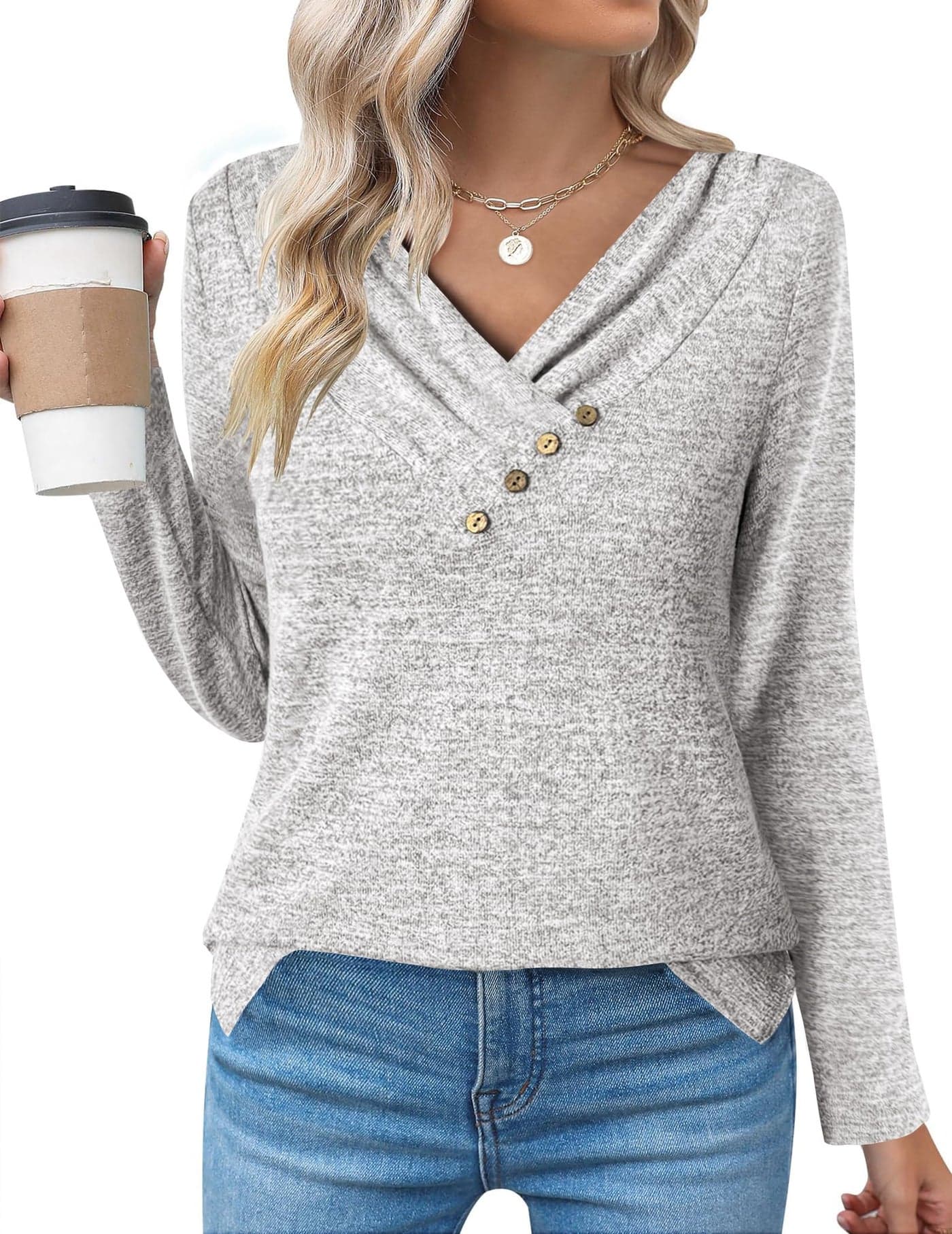 Zeagoo Womens Tunic Shirts for Women 2025 Fall Long Sleeve Pullover Tops Womens V Neck Tunic Tops Winter Loose Sweatshirts Grey Medium