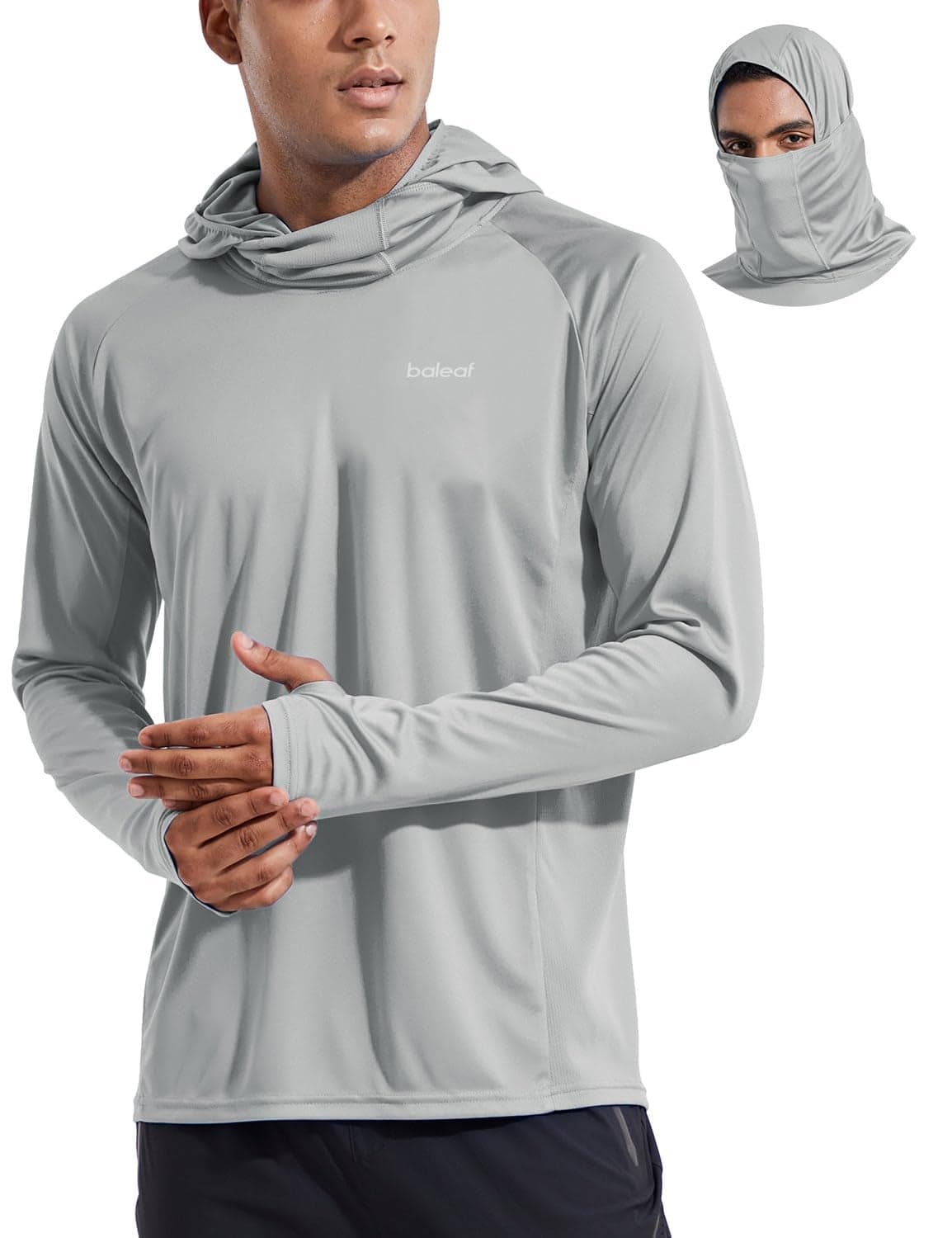 baleaf Men's Sun Protection Hoodie Shirt UPF 50+ Long Sleeve UV SPF T-Shirts with Mask Rash Guard Fishing Lightweight Gray Size S