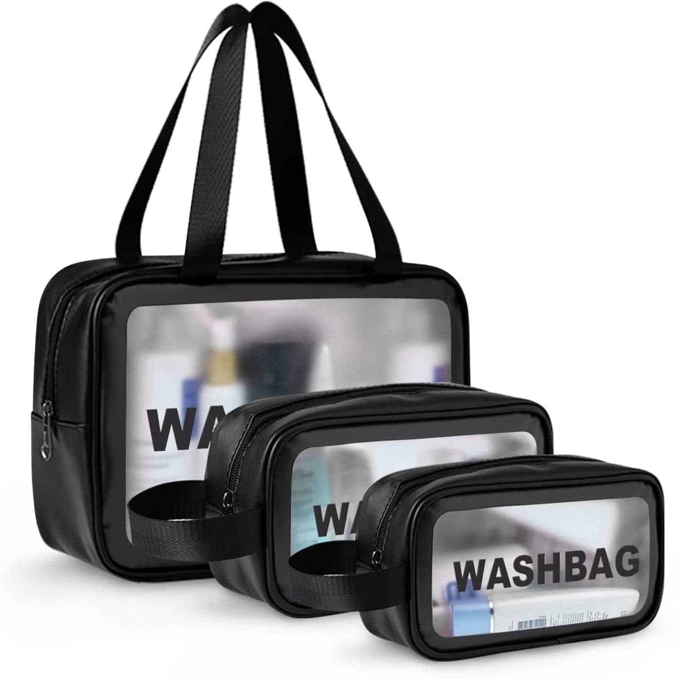Makeup Cosmetic Bag Travel Wash Bag Set of 3 Waterproof Toiletry Cosmetic Organizer Pouches with Handle Large Capacity Storage Bags for Travel Accessories Black