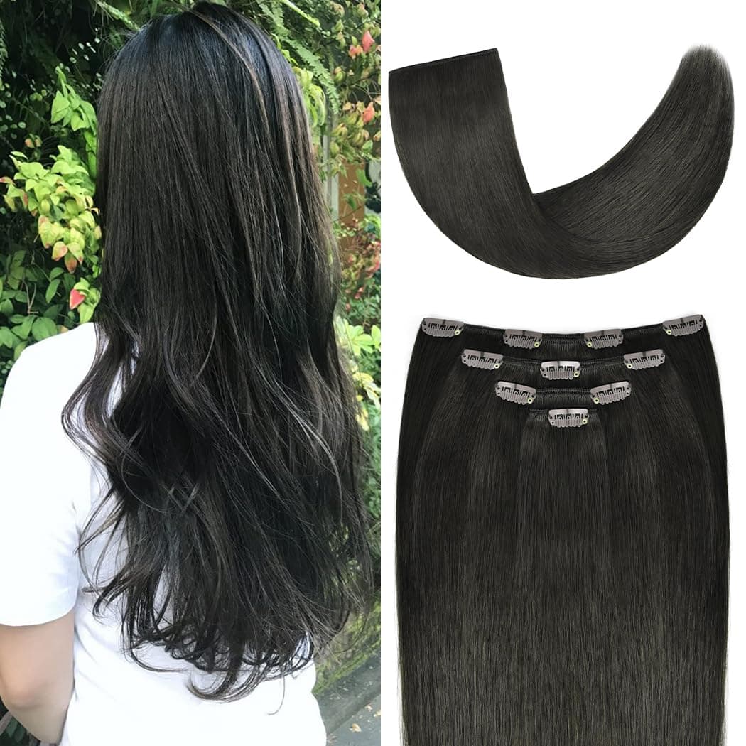 20 Clip in Hair Extensions Remy Human Hair for Women Silky Straight Long Human Hair Clip on Extensions 75grams 4pieces Natural Black 1B Color