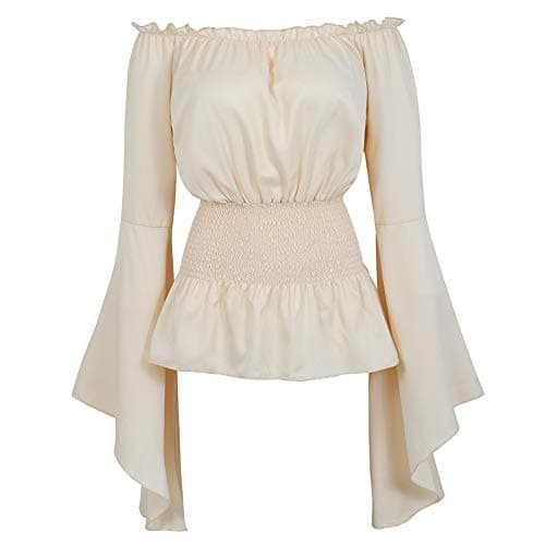 frawirshau Womens Long Sleeve Off Shoulder Tops Renaissance Pirate Shirt Gothic Peasant Blouse Summer Smocked Top Beige, XS