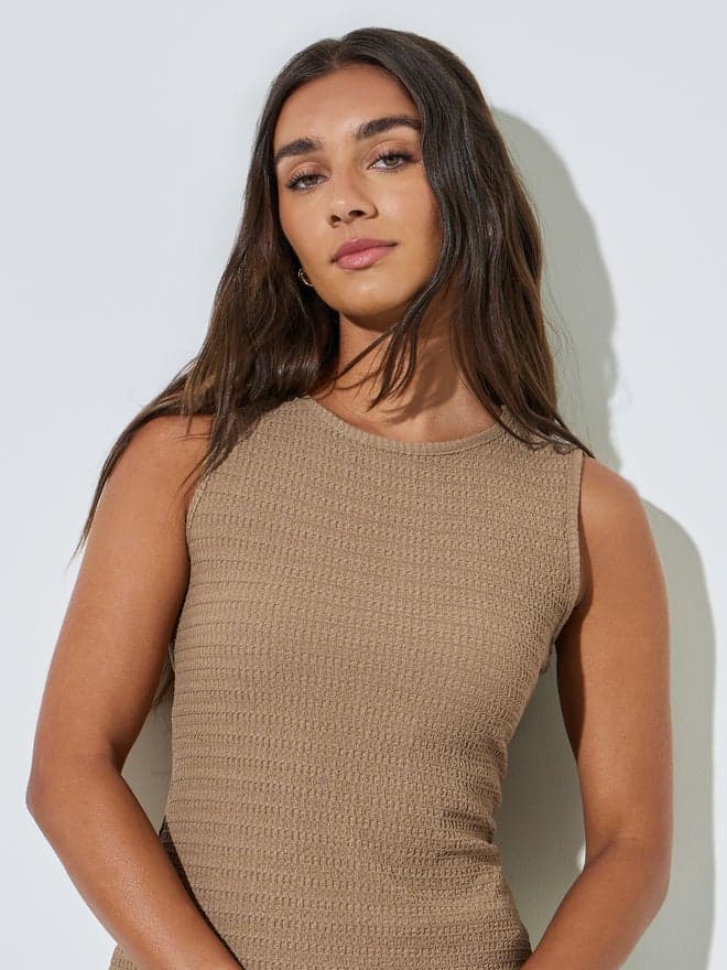 Styli Beige Textured Fitted Tank