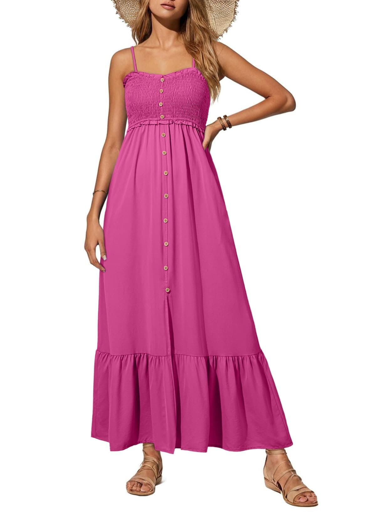 Dokotoo Beach Boho Dresses for Women 2025 Sleeveless Button Down Smocked Spaghetti Straps Open Back Loose Flowy Casual Summer Sundresses Cover Up Swing Cruise Outfits Maxi Long Dress Rosy Small
