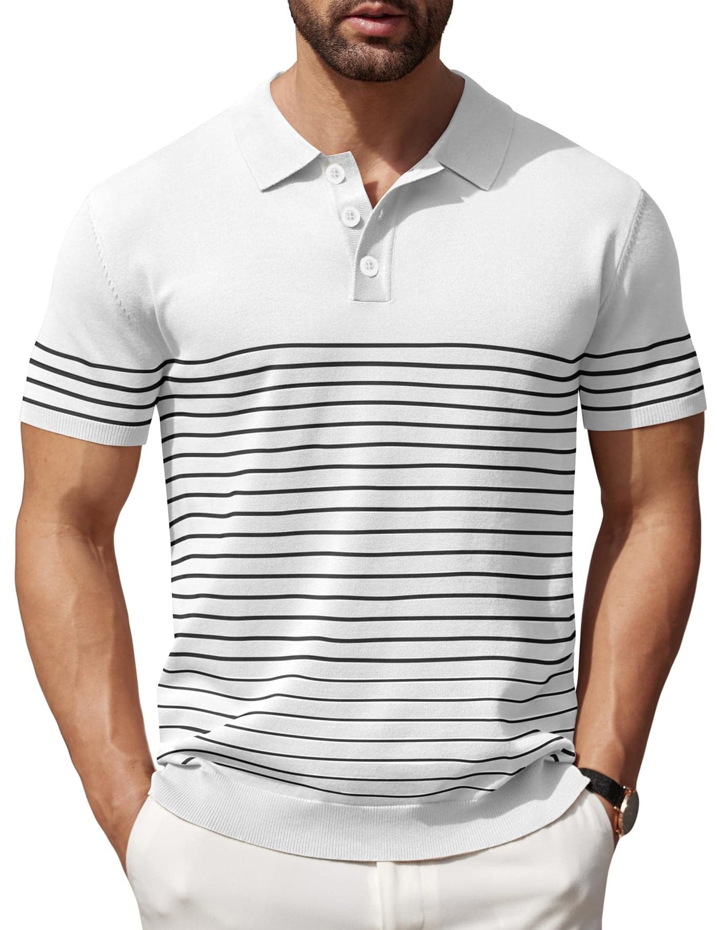 COOFANDY Mens Polo Shirts Striped Knitting Golf Shirts Lightweight Short Sleeves Shirts, White, Medium