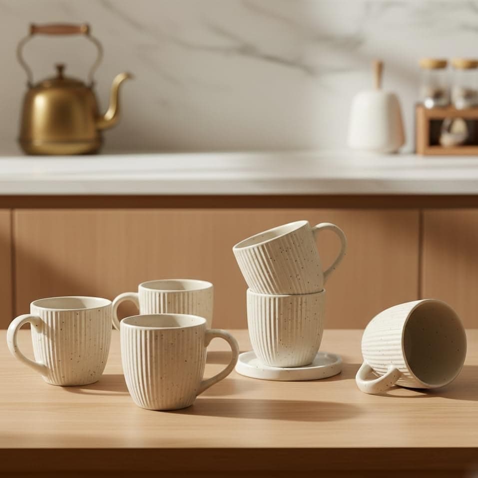 Premium Handcrafted Tea & Coffee Cups/Mugs | Perfect for Daily Use & Gifting, Valentine | Elevate Your Tea and Coffee Experience | Microwave Safe - Set of 6 (Off White Ribbed)