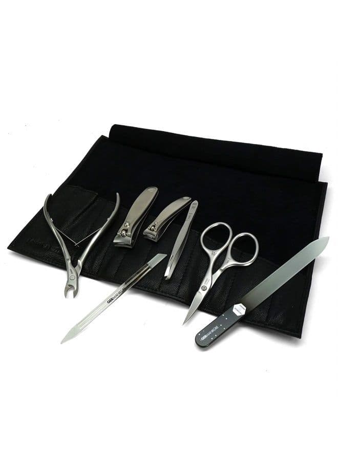 GERMANIKURE 7pc Manicure Set in Black Leather Case - FINOX Stainless Steel Tools Made in Germany, Glass Nail Care Supplies Made in Czech Republic – Professional Cuticle and Nail Care Kit