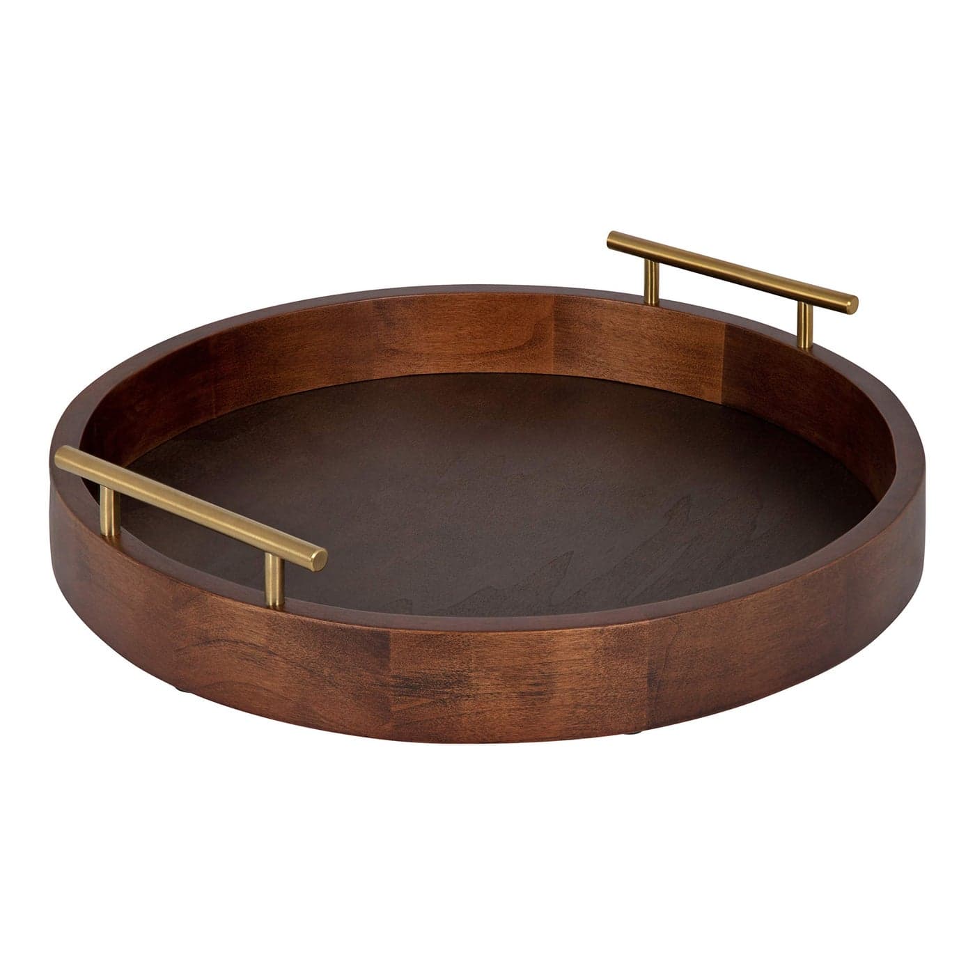 Kate and Laurel Lipton MidCentury Modern Round Wooden Tray 155 Diameter Dark Walnut Brown with Gold Handles Decorative Accent Tray for Storage and Display