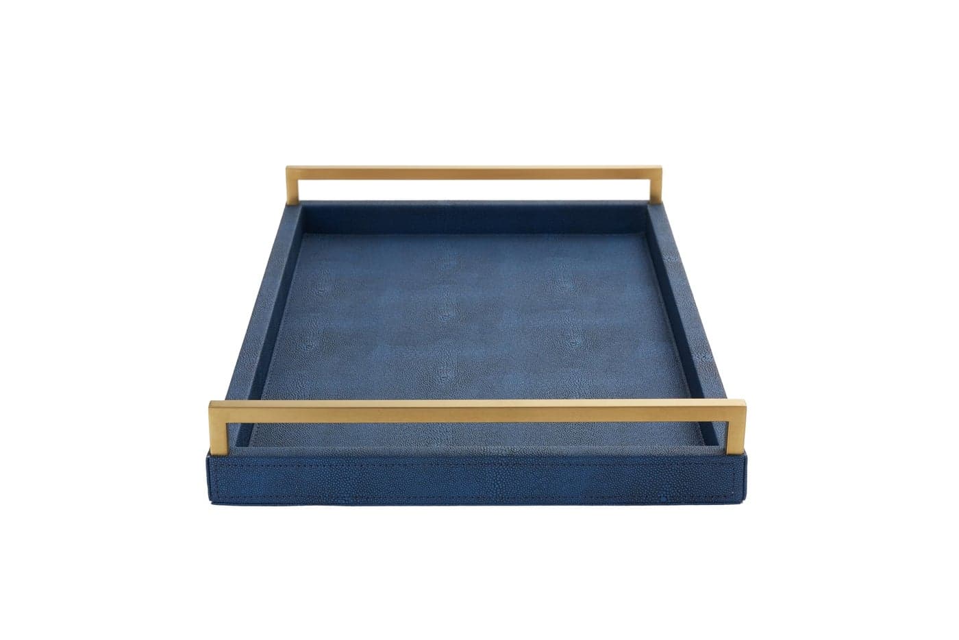 Navy Blue Ottoman Shagreen Leather Coffee Table Tray Decorative Large Serving Tray With Gold Handles for Dining Bar Party Kitchen Island Bathroom Vanity