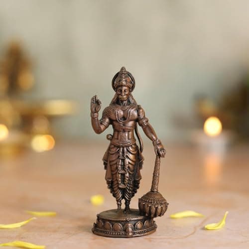 Copper Idols Lord Hanuman Idol | Antique Brass Finish Pavanputra Murti with Gada | Bajrangbali Statue for Puja Mandir, Home & Office Decor | Spiritual Gift for Devotees