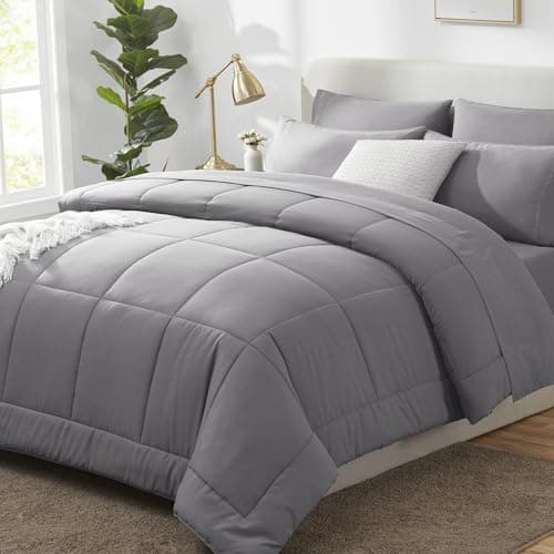 CozyLux Grey King Comforter Sets 7 Pieces Bed in a Bag King Size Comforter Set King Bedding Set with All Season Quilted Comforter Flat Sheet Fitted Sheet Pillowcases Gray