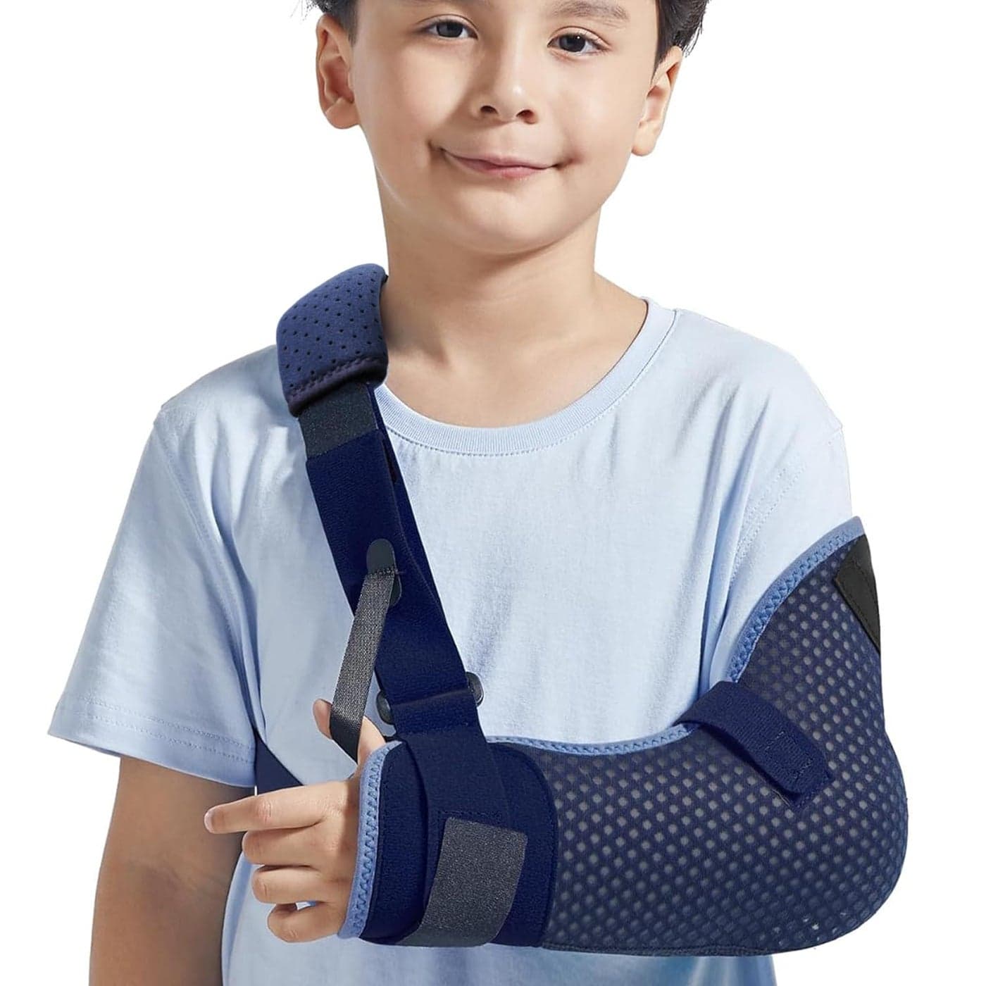 Kids Arm Sling Shoulder Immobilizer with Waist Strap Ventilated Breathable Design Arm Support Brace for Children Boys Girls Mesh Version Blue Left XS Bust 22526