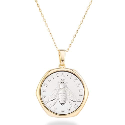 Miabella Italian 18K Gold Plated 925 Sterling Silver Genuine 2-Lira Bee Coin Medallion Pendant Necklace for Women 18 Inch Chain, Made in Italy