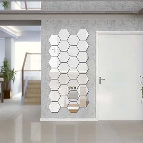 WallDaddy Plastic Hexagonal Mirror Sticker For Wall & Wallpaper Pack Of 20 Silver Hexagon For Decoration Purpose| Mirror For Wall