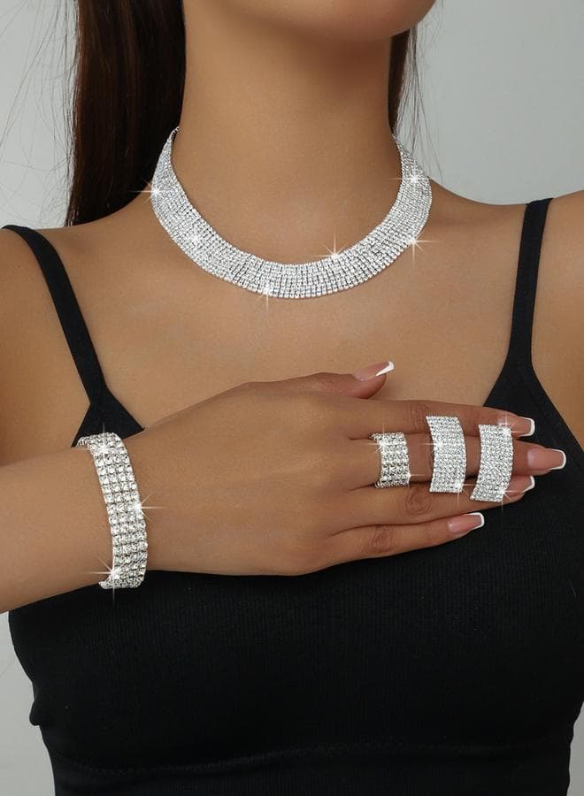 Pack of 4 - Rhinestone Necklace with Bracelet and Earrings with Ring Set